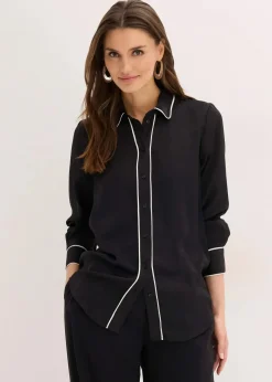bonprix Bekleidung·Jacken & Mäntel|Blusen & Tuniken|Hemdbluse aus fließendem Satin schwarz/wollweiß
