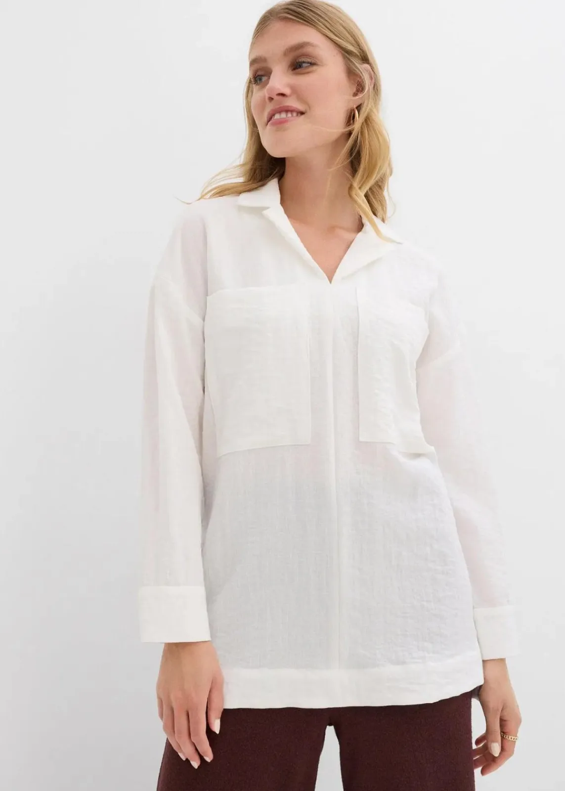 bonprix Blusen & Tuniken|Hemdbluse aus fließendem Viskose-Mix wollweiß