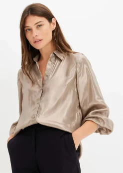 bonprix Blusen & Tuniken|Bekleidung·Jacken & Mäntel|Hemdbluse aus glänzendem Satin hellgold metallic