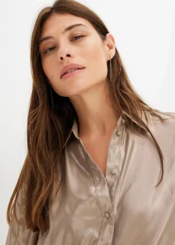 bonprix Blusen & Tuniken|Bekleidung·Jacken & Mäntel|Hemdbluse aus glänzendem Satin hellgold metallic