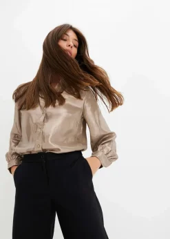 bonprix Blusen & Tuniken|Bekleidung·Jacken & Mäntel|Hemdbluse aus glänzendem Satin hellgold metallic