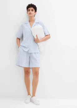 bonprix Blusen & Tuniken|Zweiteiler & Sets|Hemdbluse aus reiner Baumwolle mittelblau/wollweiß gestreift