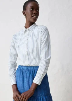 bonprix Bekleidung·Jacken & Mäntel|Blusen & Tuniken|Hemdbluse mit Seidenanteil wollweiß/wellenblau gestreift