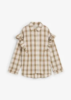 bonprix Bekleidung·Jacken & Mäntel|Blusen & Tuniken|Hemdbluse mit Volants beige/braun kariert