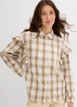 bonprix Bekleidung·Jacken & Mäntel|Blusen & Tuniken|Hemdbluse mit Volants beige/braun kariert