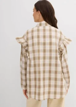 bonprix Bekleidung·Jacken & Mäntel|Blusen & Tuniken|Hemdbluse mit Volants beige/braun kariert