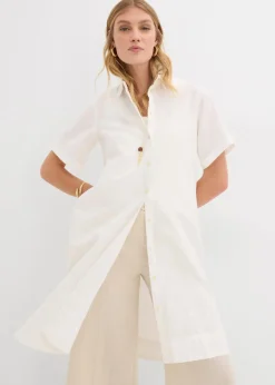 bonprix Kleider|Bekleidung·Pullover & Strickjacken|Hemdblusenkleid aus reiner Baumwolle wollweiß