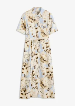 bonprix Bekleidung·Pullover & Strickjacken|Kleider|Hemdblusenkleid aus Viskose mit Bindeband (2.-tlg.) puderblau/naturbeige floral