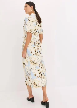 bonprix Bekleidung·Pullover & Strickjacken|Kleider|Hemdblusenkleid aus Viskose mit Bindeband (2.-tlg.) puderblau/naturbeige floral
