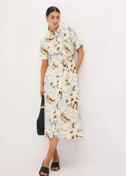 bonprix Bekleidung·Pullover & Strickjacken|Kleider|Hemdblusenkleid aus Viskose mit Bindeband (2.-tlg.) puderblau/naturbeige floral