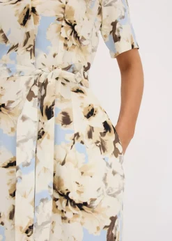 bonprix Bekleidung·Pullover & Strickjacken|Kleider|Hemdblusenkleid aus Viskose mit Bindeband (2.-tlg.) puderblau/naturbeige floral