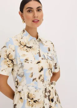 bonprix Bekleidung·Pullover & Strickjacken|Kleider|Hemdblusenkleid aus Viskose mit Bindeband (2.-tlg.) puderblau/naturbeige floral