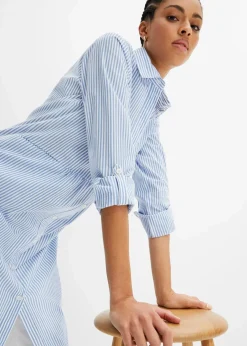 bonprix Kleider|Bekleidung·Pullover & Strickjacken|Hemdblusenkleid gestreift mittelblau/weiß gestreift