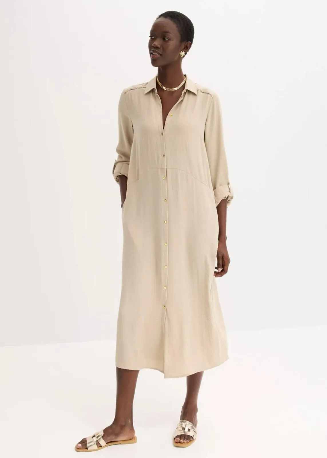 bonprix Bekleidung·Pullover & Strickjacken|Kleider|Hemdblusenkleid mit Leiterspitze sand