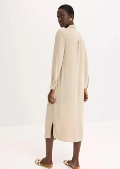 bonprix Bekleidung·Pullover & Strickjacken|Kleider|Hemdblusenkleid mit Leiterspitze sand