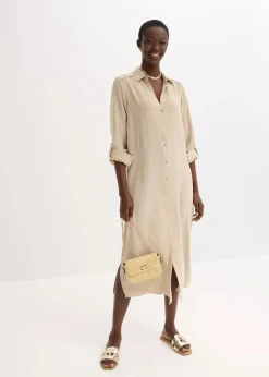 bonprix Bekleidung·Pullover & Strickjacken|Kleider|Hemdblusenkleid mit Leiterspitze sand