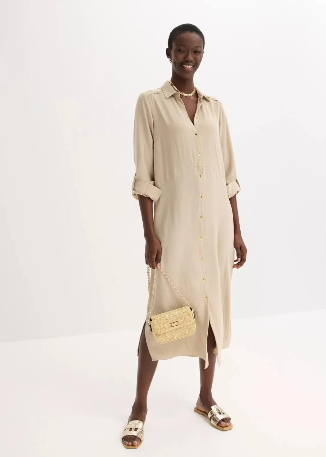 bonprix Bekleidung·Pullover & Strickjacken|Kleider|Hemdblusenkleid mit Leiterspitze sand