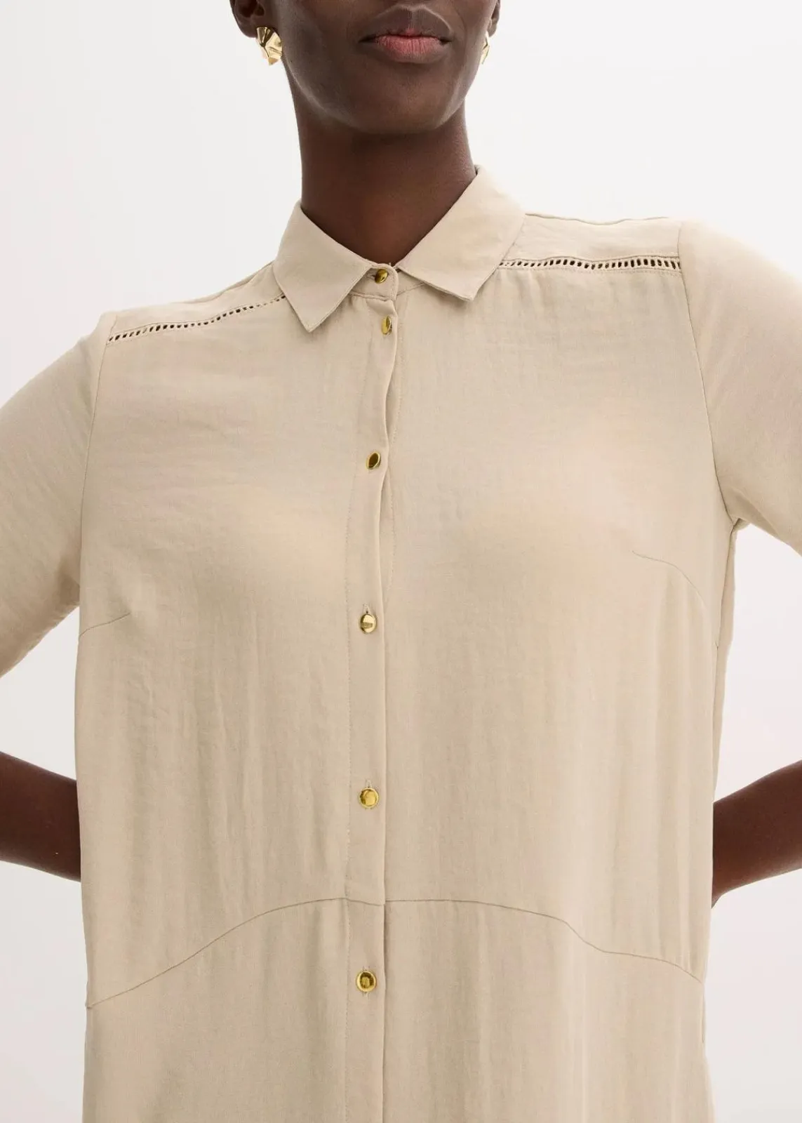 bonprix Bekleidung·Pullover & Strickjacken|Kleider|Hemdblusenkleid mit Leiterspitze sand