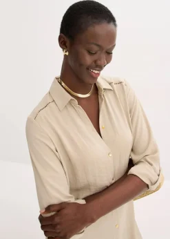 bonprix Bekleidung·Pullover & Strickjacken|Kleider|Hemdblusenkleid mit Leiterspitze sand