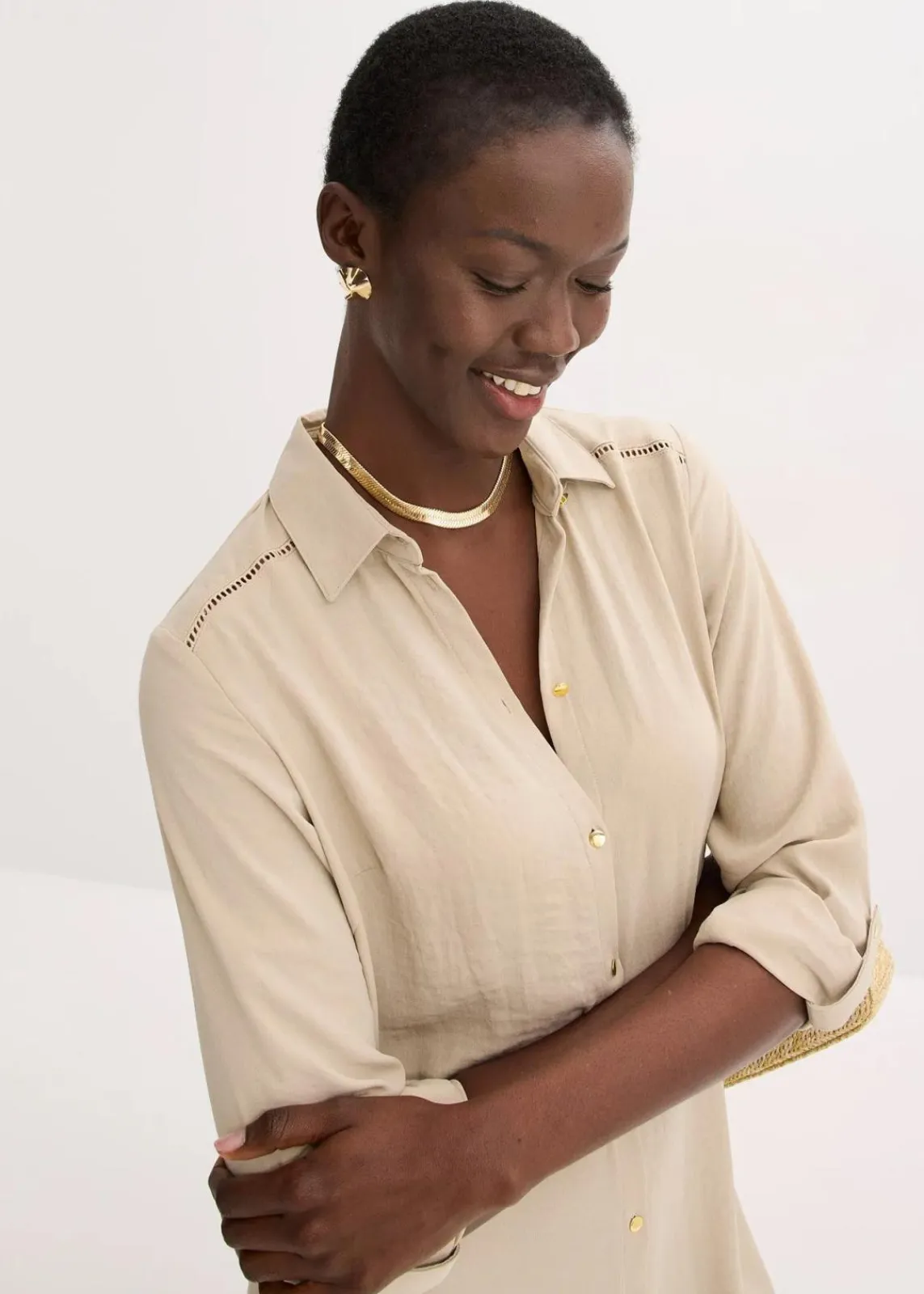 bonprix Bekleidung·Pullover & Strickjacken|Kleider|Hemdblusenkleid mit Leiterspitze sand