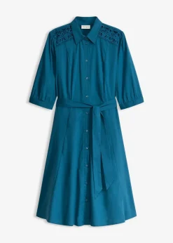 bonprix Kurzgrößen|Bekleidung·Pullover & Strickjacken|Hemdblusenkleid mit Spitze und Bindeband blaupetrol