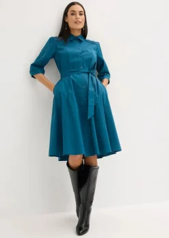 bonprix Kurzgrößen|Bekleidung·Pullover & Strickjacken|Hemdblusenkleid mit Spitze und Bindeband blaupetrol