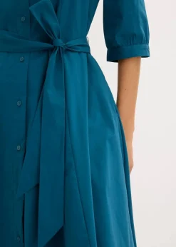 bonprix Kurzgrößen|Bekleidung·Pullover & Strickjacken|Hemdblusenkleid mit Spitze und Bindeband blaupetrol