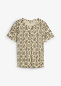 bonprix Große Größen|Shirts & Polos|Henleyshirt aus reiner Baumwolle kieselbeige/dunkeloliv graphisch bedruckt