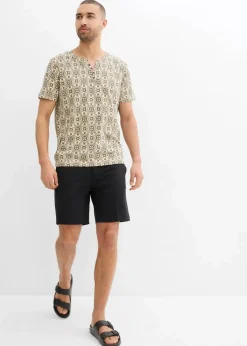 bonprix Große Größen|Shirts & Polos|Henleyshirt aus reiner Baumwolle kieselbeige/dunkeloliv graphisch bedruckt