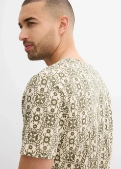 bonprix Große Größen|Shirts & Polos|Henleyshirt aus reiner Baumwolle kieselbeige/dunkeloliv graphisch bedruckt