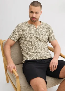 bonprix Große Größen|Shirts & Polos|Henleyshirt aus reiner Baumwolle kieselbeige/dunkeloliv graphisch bedruckt