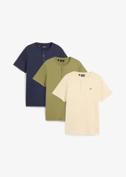 bonprix Große Größen|Basics|Henleyshirt aus reiner Bio-Baumwolle (3er Pack) oliv + beige + dunkelblau