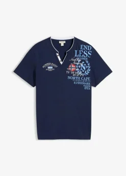 bonprix Shirts & Polos|Große Größen|Henleyshirt, Kurzarm aus reiner Bio-Baumwolle dunkelblau bedruckt