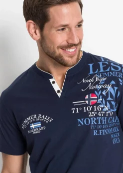 bonprix Shirts & Polos|Große Größen|Henleyshirt, Kurzarm aus reiner Bio-Baumwolle dunkelblau bedruckt