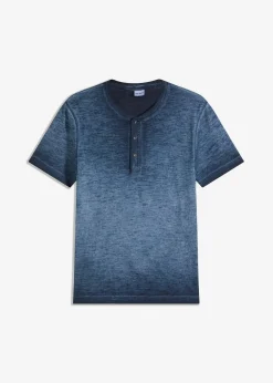 bonprix Große Größen|Shirts & Polos|Henleyshirt, Kurzarm aus reiner Bio-Baumwolle in gewaschener Optik indigo used