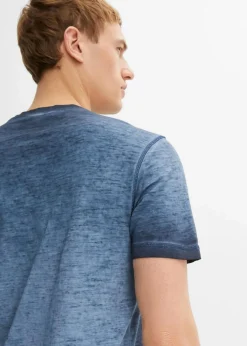 bonprix Große Größen|Shirts & Polos|Henleyshirt, Kurzarm aus reiner Bio-Baumwolle in gewaschener Optik indigo used