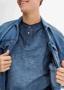 bonprix Große Größen|Shirts & Polos|Henleyshirt, Kurzarm aus reiner Bio-Baumwolle in gewaschener Optik indigo used