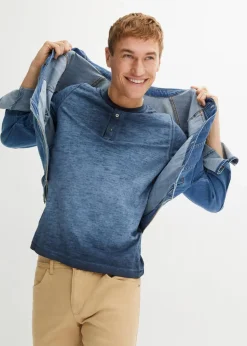 bonprix Große Größen|Shirts & Polos|Henleyshirt, Kurzarm aus reiner Bio-Baumwolle in gewaschener Optik indigo used