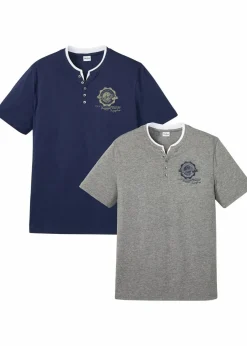 bonprix Große Größen|Shirts & Polos|Henleyshirt, Kurzarm (2er Pack) aus reiner Bio-Baumwolle dunkelblau+grau meliert bedruckt