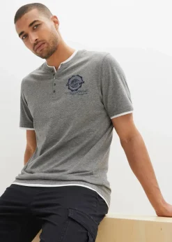 bonprix Große Größen|Shirts & Polos|Henleyshirt, Kurzarm (2er Pack) aus reiner Bio-Baumwolle dunkelblau+grau meliert bedruckt