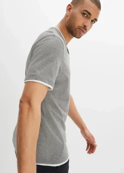bonprix Große Größen|Shirts & Polos|Henleyshirt, Kurzarm (2er Pack) aus reiner Bio-Baumwolle dunkelblau+grau meliert bedruckt