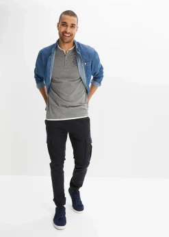 bonprix Große Größen|Shirts & Polos|Henleyshirt, Kurzarm (2er Pack) aus reiner Bio-Baumwolle dunkelblau+grau meliert bedruckt