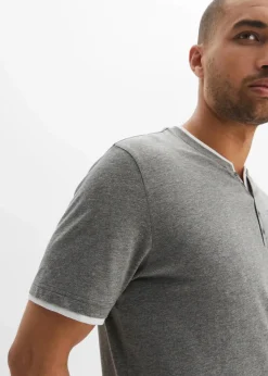 bonprix Große Größen|Shirts & Polos|Henleyshirt, Kurzarm (2er Pack) aus reiner Bio-Baumwolle dunkelblau+grau meliert bedruckt