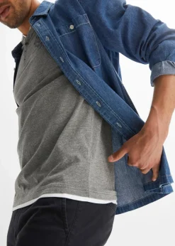 bonprix Große Größen|Shirts & Polos|Henleyshirt, Kurzarm (2er Pack) aus reiner Bio-Baumwolle dunkelblau+grau meliert bedruckt