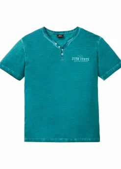 bonprix Shirts & Polos|Große Größen|Henleyshirt, Kurzarm in gewaschener Optik aus reiner Bio-Baumwolle kobalttürkis bedruckt