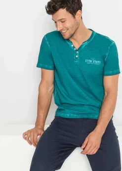 bonprix Shirts & Polos|Große Größen|Henleyshirt, Kurzarm in gewaschener Optik aus reiner Bio-Baumwolle kobalttürkis bedruckt