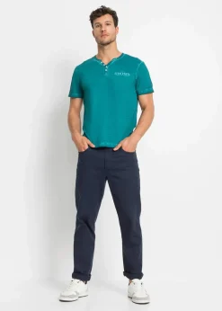 bonprix Shirts & Polos|Große Größen|Henleyshirt, Kurzarm in gewaschener Optik aus reiner Bio-Baumwolle kobalttürkis bedruckt