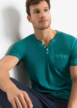 bonprix Shirts & Polos|Große Größen|Henleyshirt, Kurzarm in gewaschener Optik aus reiner Bio-Baumwolle kobalttürkis bedruckt