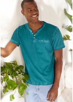 bonprix Shirts & Polos|Große Größen|Henleyshirt, Kurzarm in gewaschener Optik aus reiner Bio-Baumwolle kobalttürkis bedruckt