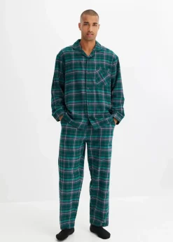 bonprix Pyjamas|Große Größen|Herren Pyjama aus weichem Flanell mit Knopfleiste und langen Ärmeln waldgrün kariert